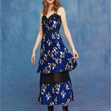 FOXIEDOX Carmella Pleated Maxi Dress Blue Satin Floral Black Lace Sz 4 {3Q27}