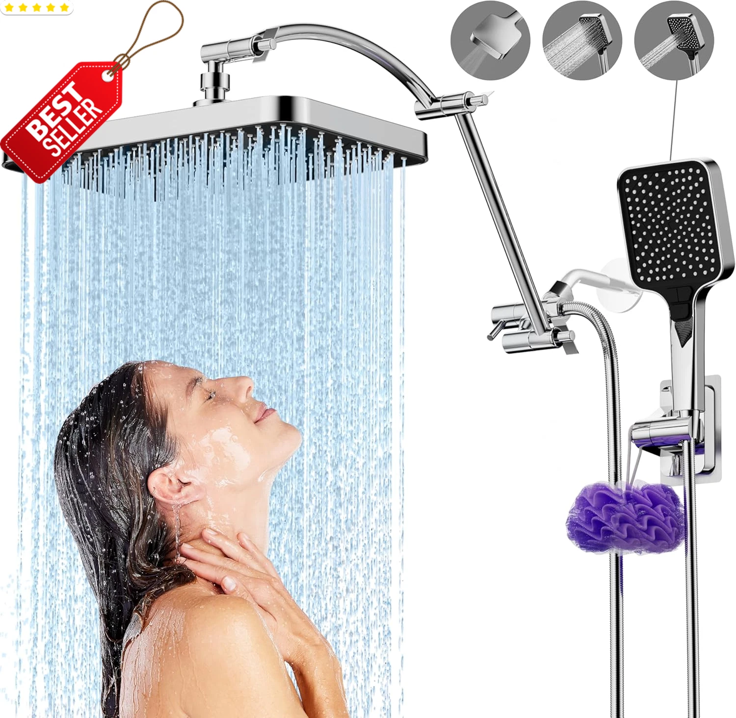 Rain Shower Head Combo Handheld High Pressure Chrome Extension Arm - US