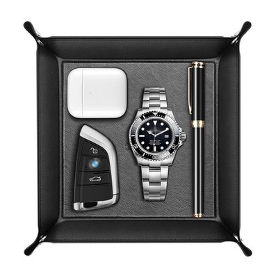 SITHON Valet Tray Desktop Storage Organizer - Multi-Use PU Leather Black-s 