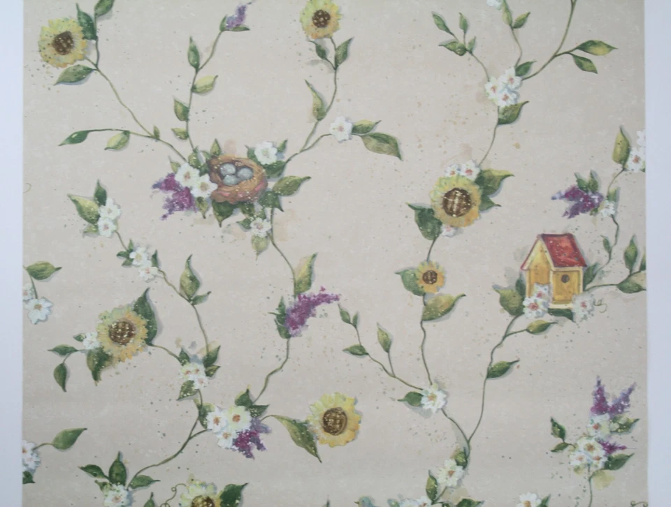 Papel de parede vintage Norwall rolo duplo pássaro Robin casa de pássaros flores videiras natureza - Imagem 2 de 4