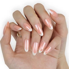 Warm Pink Glazed French Press on Nails Medium Almond, Glazed Warm Pink Nail W...