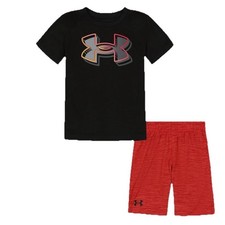 Under Armour Boy's Black Pop Out Logo Sleeve Tee Set, Lightweight Breathable SZ4