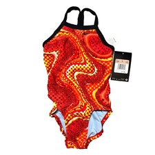 NWT Nike Size 20 Girls 5 One Piece Swimsuit Geometric Pattern Red Orange Yellow