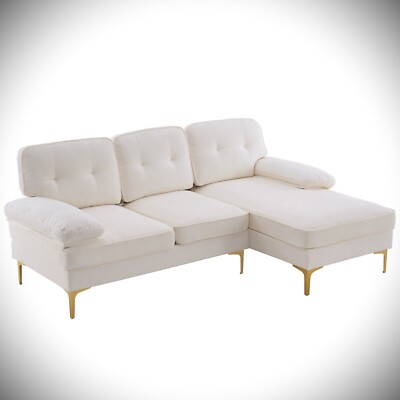 Three-Seat Simple Indoor Modular Sofa Beige White Chenille Fabric Couch 