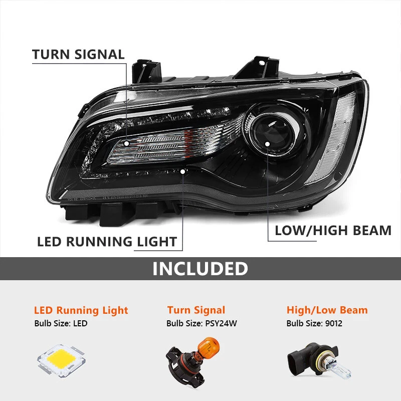 LH RH Halogen Black Projector DRL Headlights For Chrysler 300 2015-2023 w/ Bulbs Foto 2 de 4