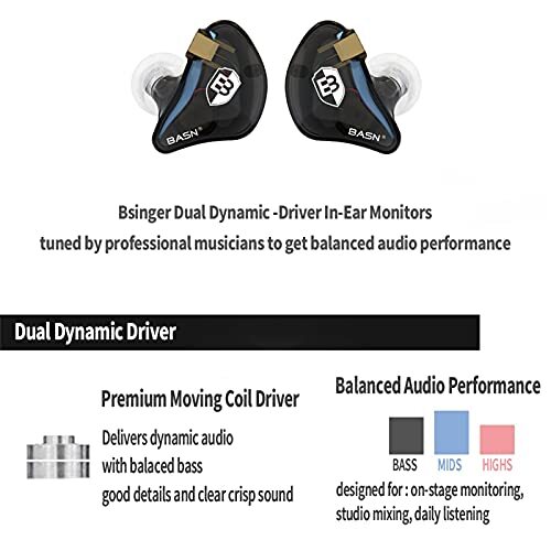 Bsinger PRO in Ear Monitor Headphones for Musicians, Dynamic Driver