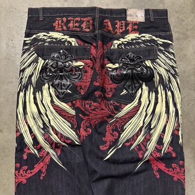 Baggy Red Ape Embroidered Jeans Grail Size 46x30 Wide Leg Winged