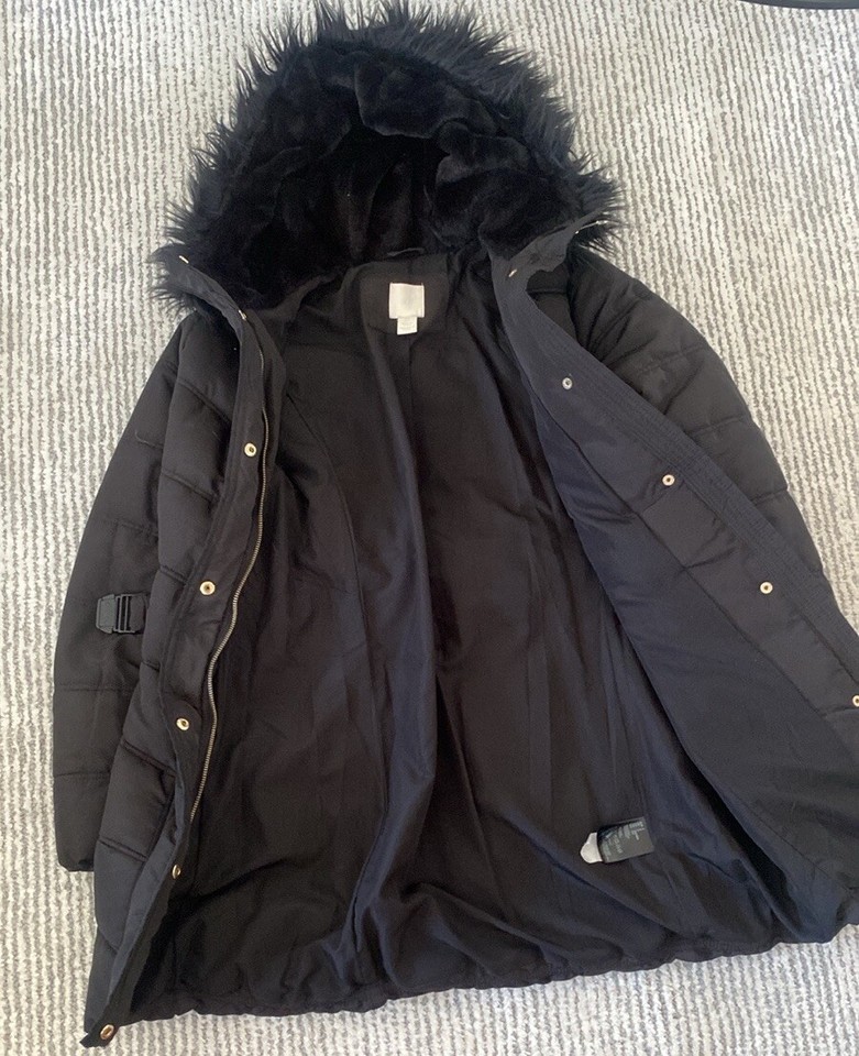 H&M Parka Puffer Jacket Women's Black Faux Fur Lined Hood Pockets