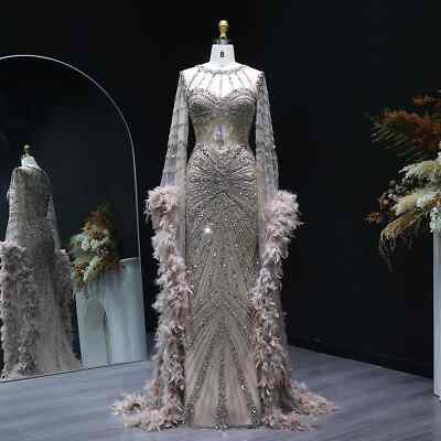 Luxury Beaded Mermaid Evening Dress with Feather Cape Sleeves Wedding Party