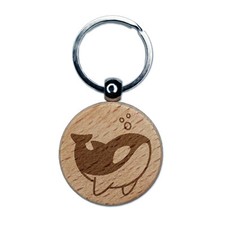 Sweet Kawaii Chibi Killer Whale Engraved Wood Round Keychain Tag Charm