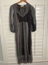 MINIMALIST VERTICAL STRIPE PEASANT DRESS MIDI MODEST ELASTIC 3/4 SLEEVE CHARCOAL