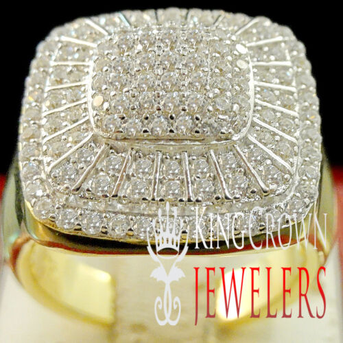Anello di fidanzamento matrimonio da uomo vero oro giallo su argento con fascia di diamanti simulata - Foto 1 di 4