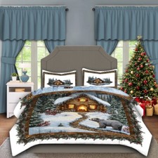 Rustic Christmas Cabin Bedding Set, Winter Snow Bear Lodge Duvet Cover Set