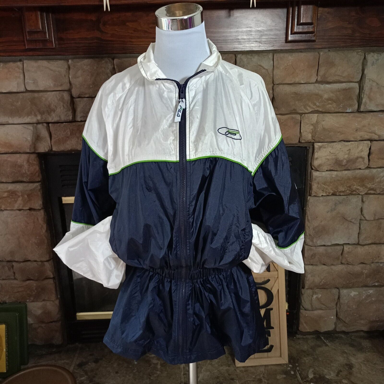 Giacca nylon FILA vintage anni 90 donna bianco blu cinch vita taglia XL