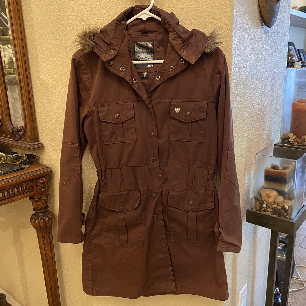 OBEY Women Brown Faux Fur Long Jacket Size Small