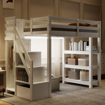 Twin Size Loft Bed w Storage Staircase, Small Wardrobe & White LED Light, White