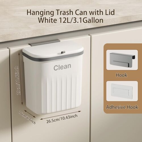 Hanging Trash Can with Lid 3.1 Gallon Kitchen Garbage Bin Food Waste Container - Picture 6 of 8