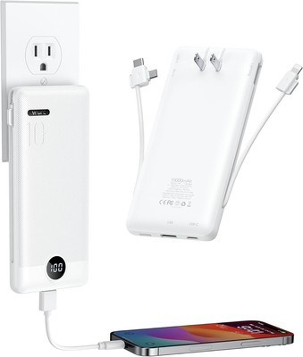 VRURC Portable Charger 10000mAh, Slim with Wall Plug, White 