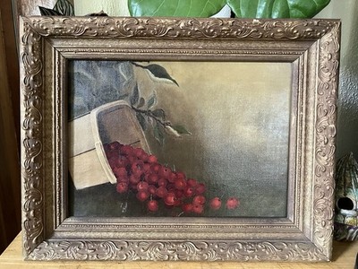 Antique 19thC Oil On Canvas Red Cherries Fruit Still Life Art Painting Framed