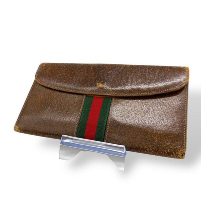 Gucci Sherry Line Long Wallet Brown Leather Genuine Vintage - Authentic Used