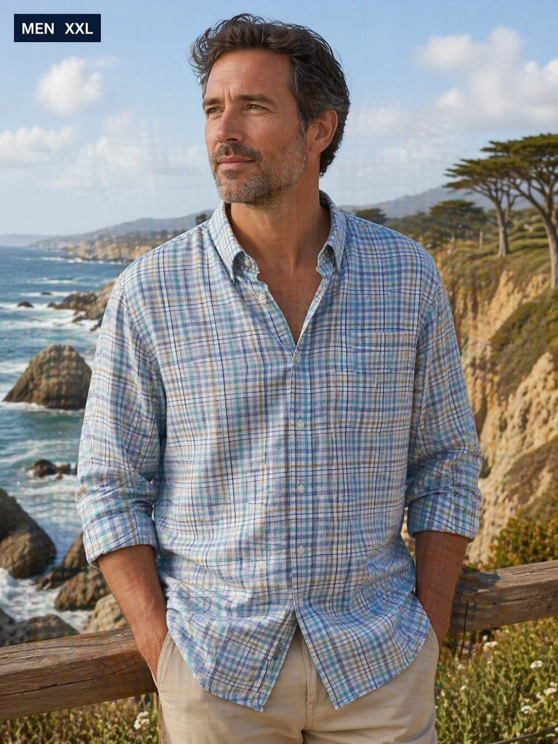 TOSCANO MEN'S XXL LINEN PLAID SHIRT LONG SLEEVE BUTTON-UP COLLARED COASTAL BEACH