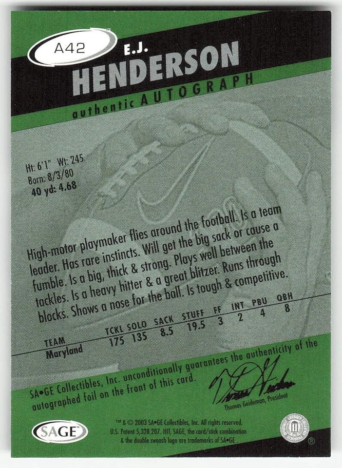 2003 SAGE HIT #A42 E.J. Henderson FOOTBALL Maryland Terrapins - Image 2 of 2