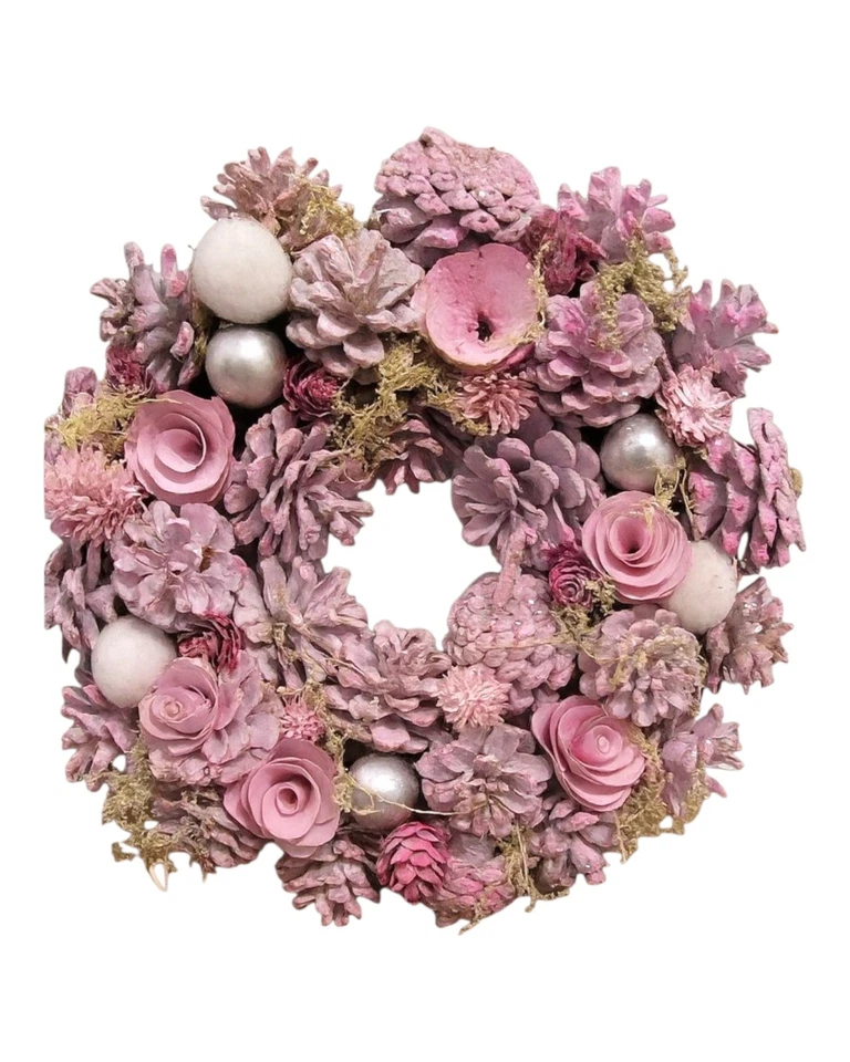 Blush Door Wreath Fall to Winter Decor with Pink Roses and Silver Ornaments 12" - Image 2 of 4