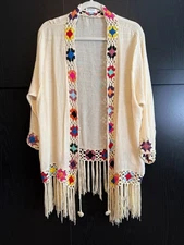 Kindred Anthropologie Crochet Knit Long Sleeve Peasant Fringe Cardigan 2X Boho