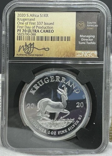 South Africa 2020 1oz Silver Krugerrand PF70UCAM NGC First 337 Tsehlo Signed