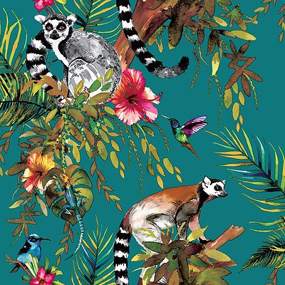 Lemur Rainforest Animals & Flowers Wallpaper Teal 12402 Exotic Tropical Jungle