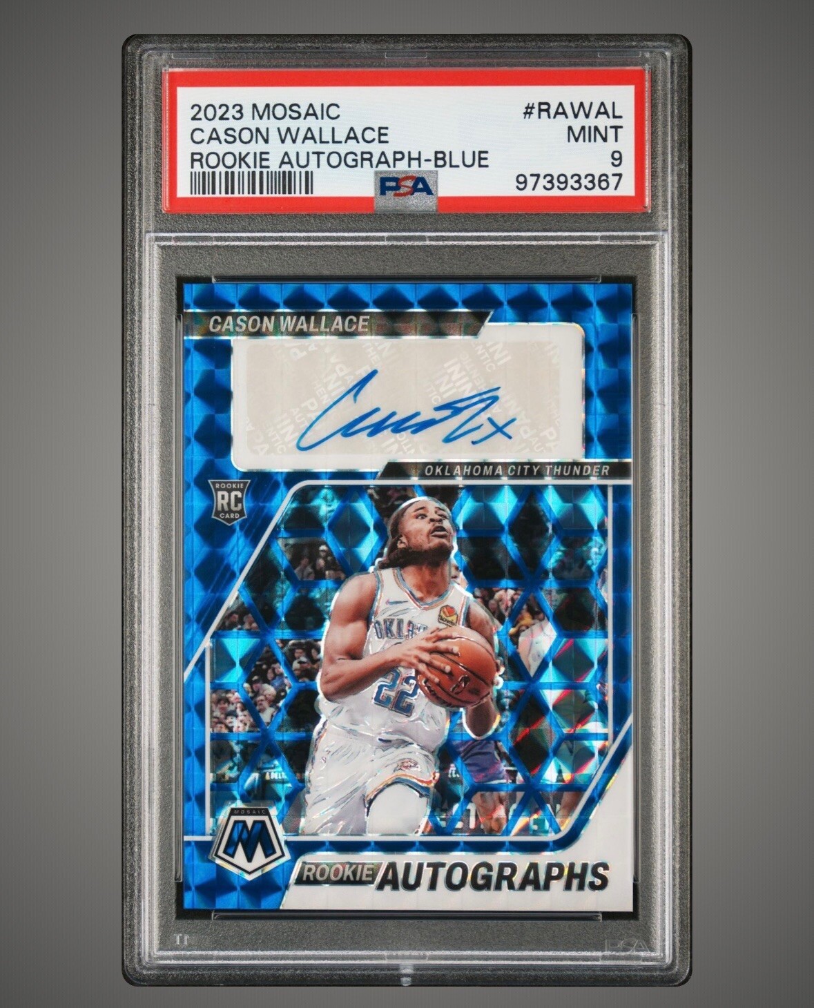 2023-24 Panini Mosaic Cason Wallace Blue Prizm Auto /49 Rookie RC #RA-WAL PSA 9