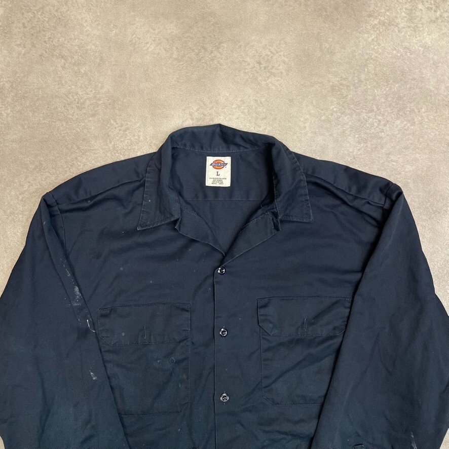 Dickies Shirt Mens Y2K Long Sleeve Button Up Workwear Top, Navy Blue, Large image 2