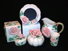 1987-RARE-8 Pc-Vanity Set+Pitcher+Frame-Fitz & Floyd-FF Stickers-3D Roses-NOS
