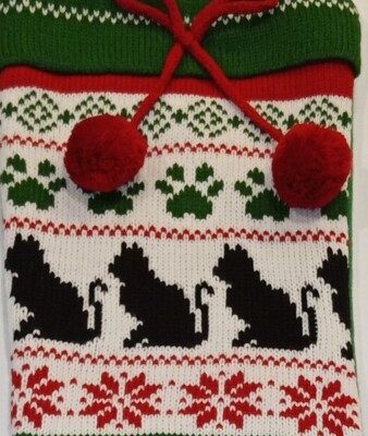 Christmas stocking, sweater knit cats and paws, pom pom 17 1/2'', NEW with tags