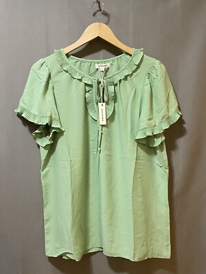 NWT Max Studio Women Flutter Short Sleeve Pleated Ruffle Tie Neck Top SZ L Green