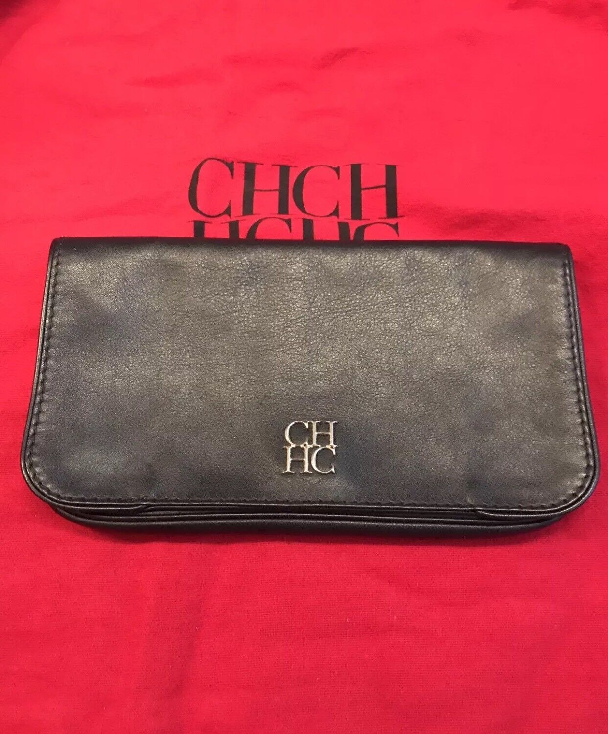 Authentic Carolina Herrera Black Leather Clutch Bag - Gem
