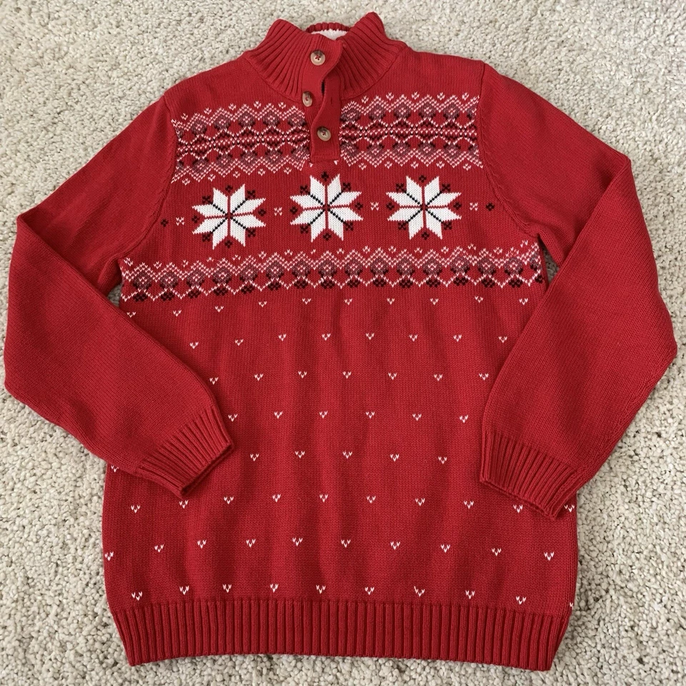 Suéter Chaps Niñas XL (18-20) Rojo Algodón Copo de Nieve Pullover 1/4 Botón Foto 3 de 4