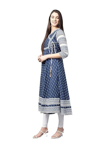 Women's Cotton & Cotton Slub Ikat Printed Anarkali Kurta Angrakha Design - Foto 9 di 26
