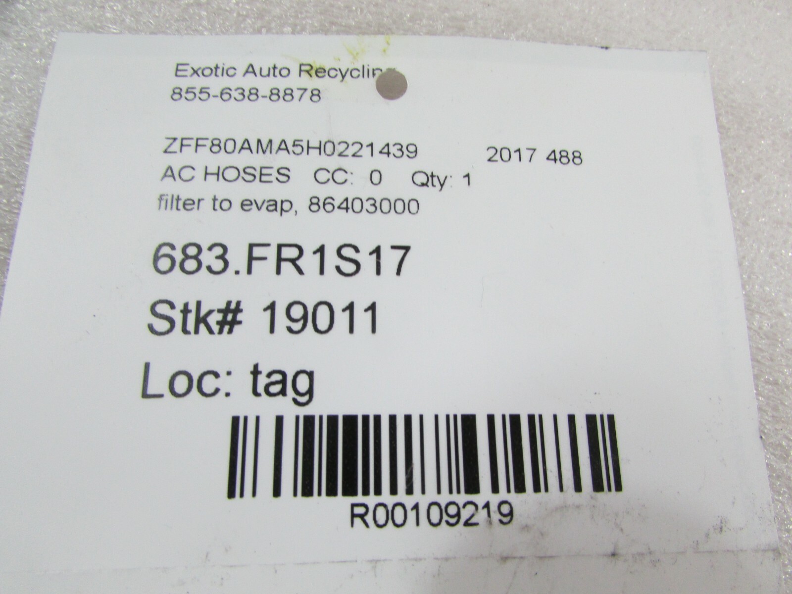 Ferrari 488, AC Filter to Evaporator Hose, Used, P/N 86403000