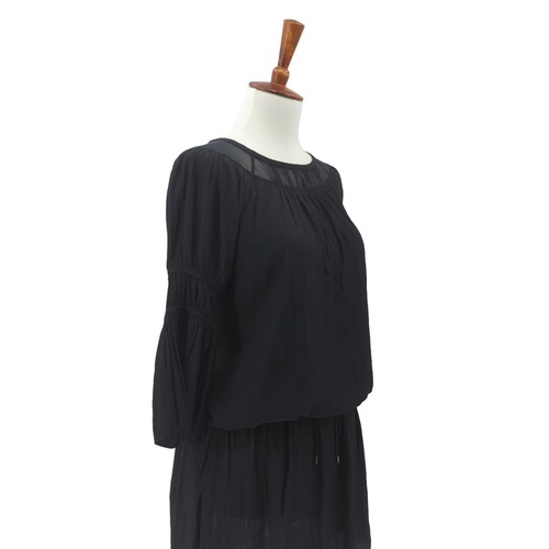 Ramy Brook Women XS Tunic Dress Black Silk Pleated Waist Drawstring Tiered FLAW - Picture 6 of 9