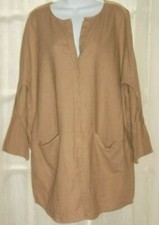 EC Chicos Long Duster Tunic Jacket Tan Beige Linen Blend Pockets Women 2 Large