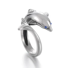 Men Women Blue CZ Eye Dolphin Fashion Ring Stainless Steel Love Gift Pinky Ring