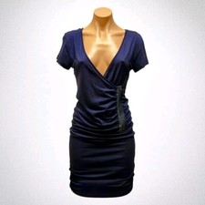 Venus Ruched Zipper Knee Length Pencil Dress Navy Blue Bodycon Sz Xs