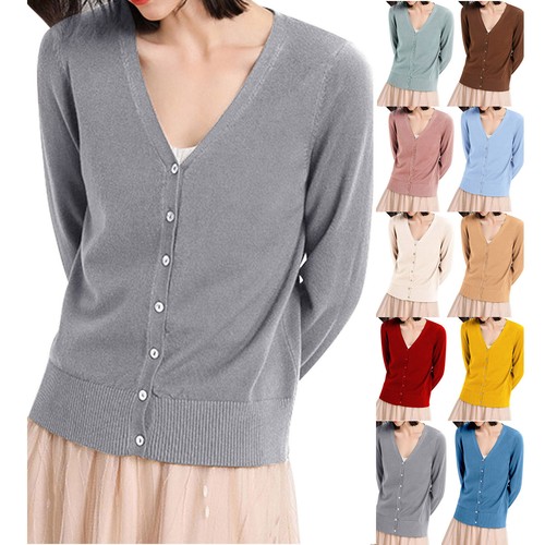 Women's Classic Button Down Long Sleeve V Neck Soft Knit Sweater Cardigan - Picture 1 of 41