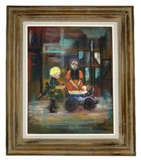 John Uht Oil on Masonite Painting Framed Children Girls Baby Pram Stroller 20x16