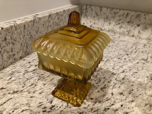 Vintage Jeanette Amber Frosted Glass "Wedding Cake Box" Pedestal 6” Candy Dish