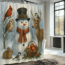 Winter Wonderland Snowman Shower Curtain with Woodland Animals