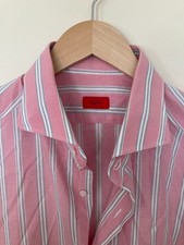vguc ISAIA Napoli Dress Shirt Pink/Grey/White Striped 17/43