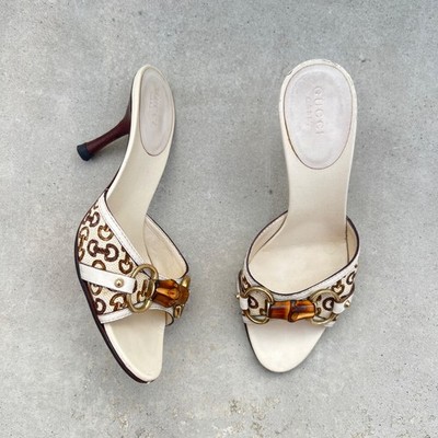 Gucci | Authentic Vintage Bamboo Horse Bit White Canvas Designer Mules (35)
