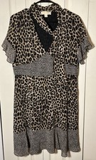 Michael Kors leopard-print georgette tie-neck dress w/ruffled short sleeves.